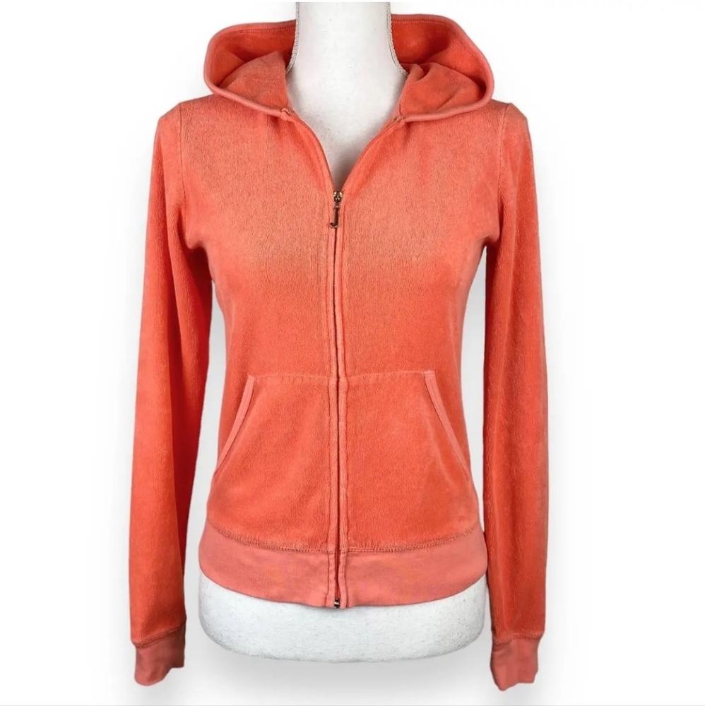 Juicy Couture Hoodie Jacket Women's Large Orange Terry Cloth Zip-Up Vintage Logo - Picture 2 of 10